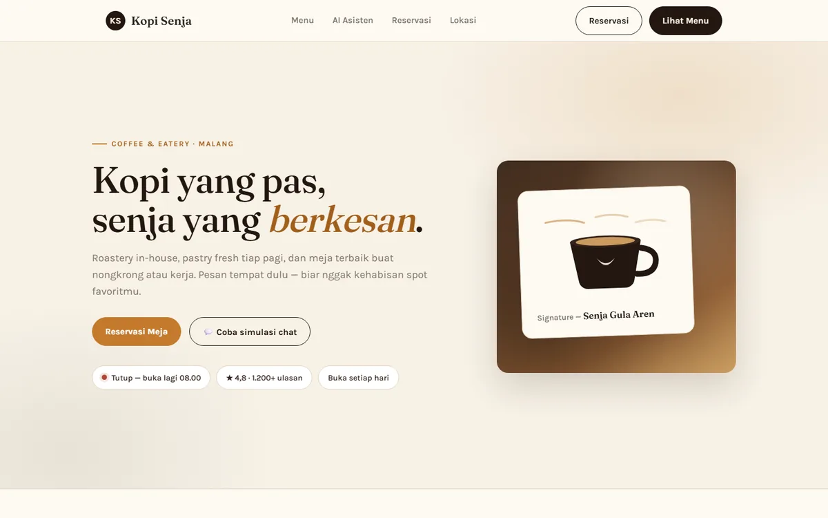Tampilan desktop contoh website kafe Kopi Senja dengan tombol reservasi meja