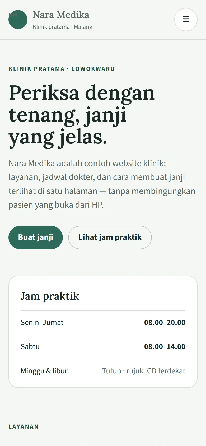 Tampilan HP contoh website Klinik Nara Medika